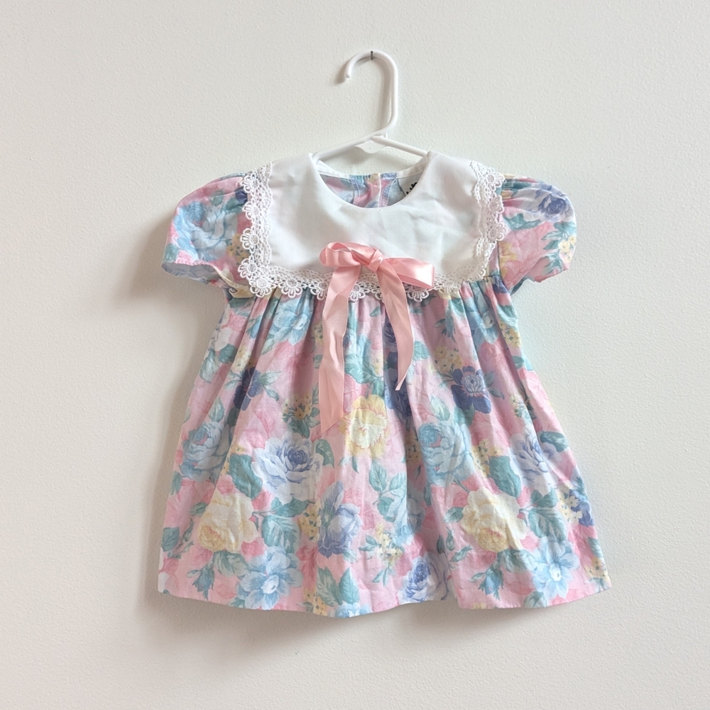Vtg Jo Lene 90s Dress Girls 24m Pink Rose Floral Dainty Lace Bib
